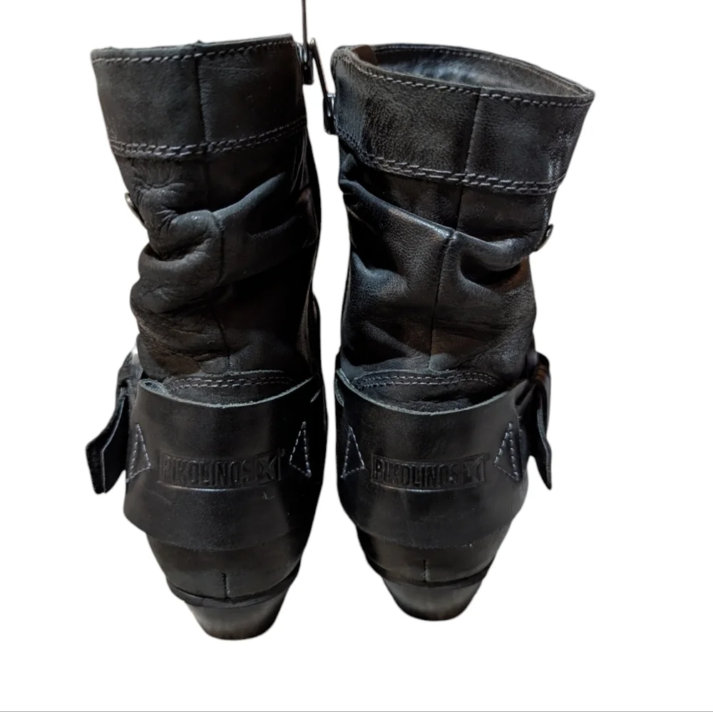 Pikolinos Brujas Black Leather Boots Harness Western Boho size 38 US 7.5-8